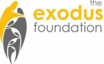 the words exodus foundation in yellow and gray