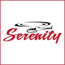 cartoon image of helicopter flying over the words serenity