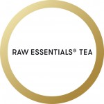 The words raw essentials tea in a gold circle